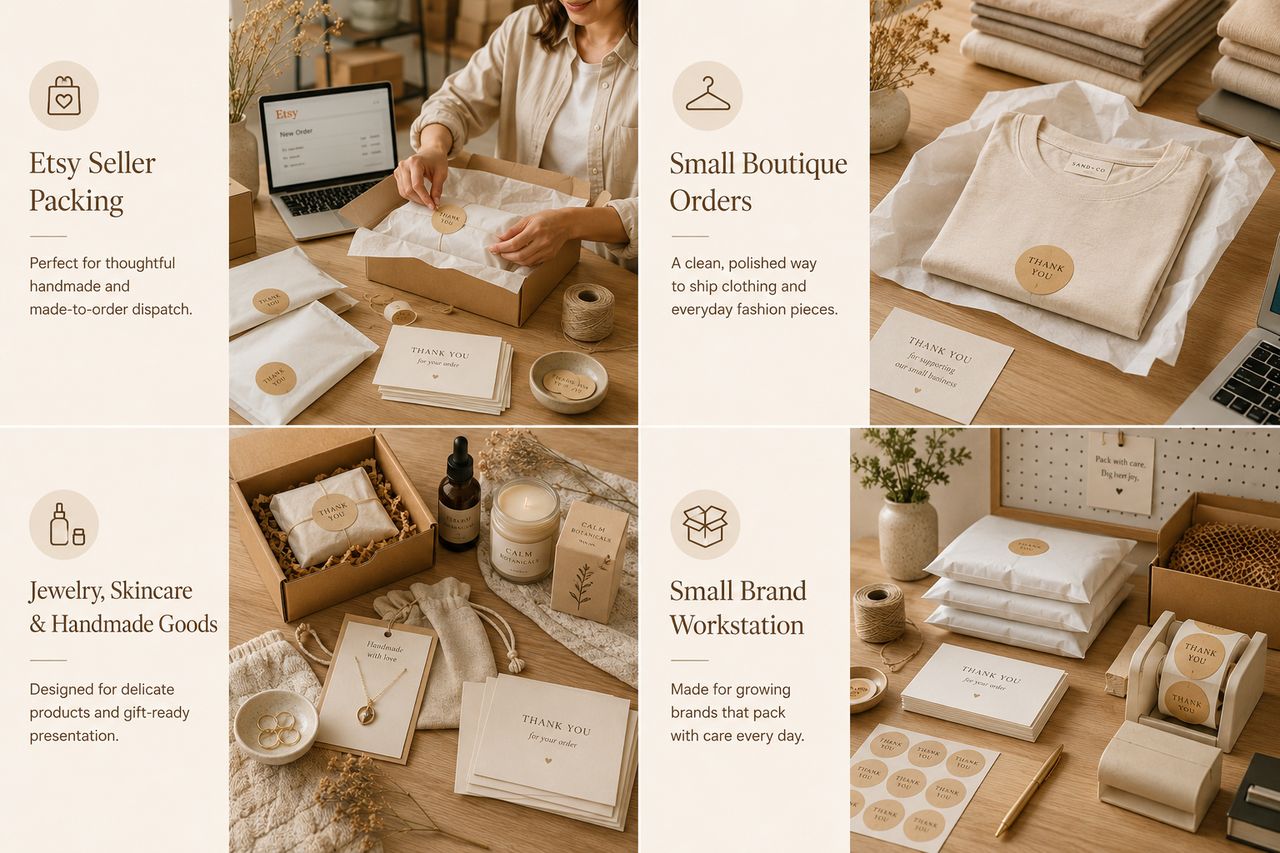 Small brand packing scenes for Etsy sellers, boutique orders, jewellery, skincare, handmade goods, and packing workstations