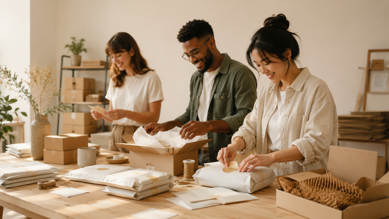 Small team packing orders with white mailers, thank-you seals, and cards on a warm studio bench