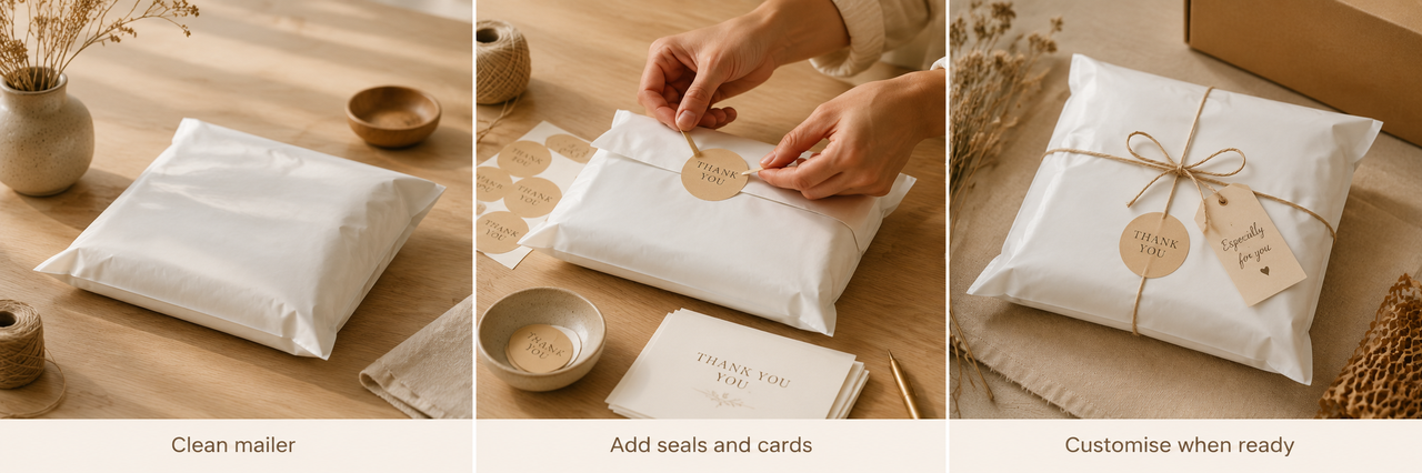Three step packing sequence showing a clean mailer, added thank-you seals and cards, and a customised package