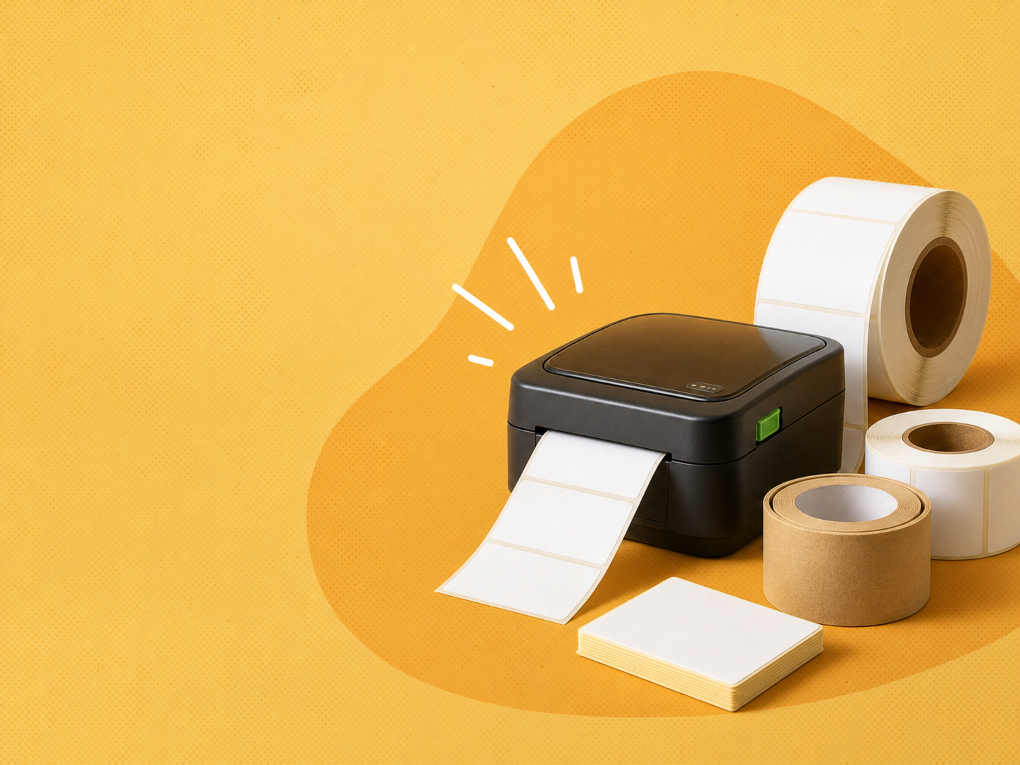 Shipping labels and printer setup on a packing desk