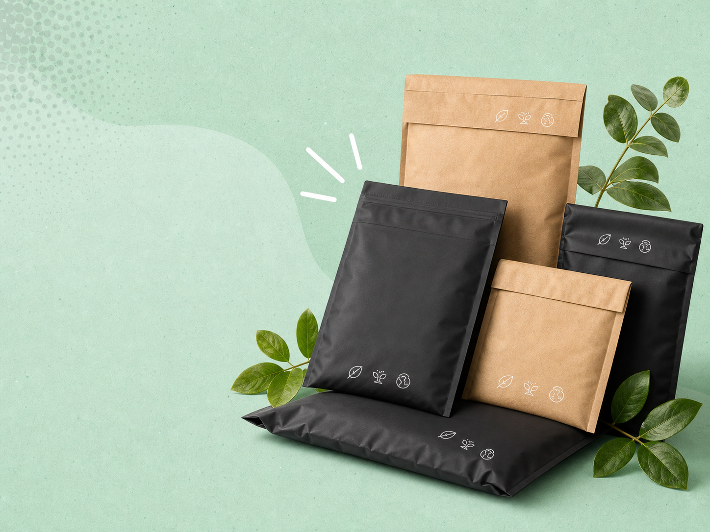 Colourful mailer bags arranged for ecommerce packing