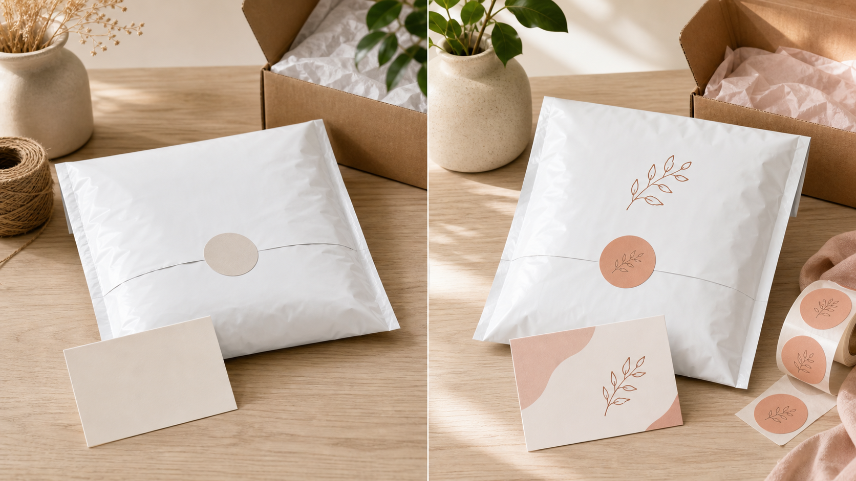 Plain clean mailer and thank-you card evolving into custom printed mailers, stickers, and insert cards