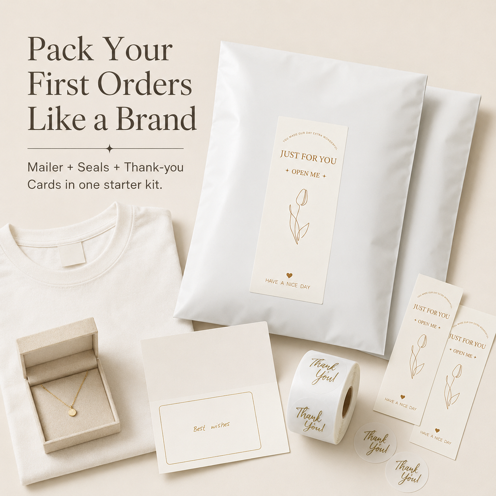 Justpak Everyday Packing Kit Clean White hero image with white mailers, labels, seals and thank-you cards