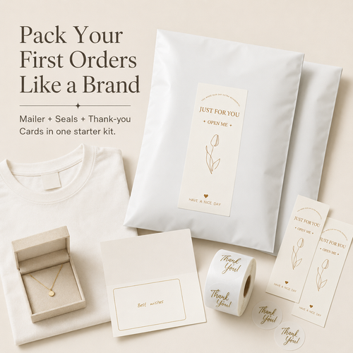 Justpak Everyday Packing Kit Clean White hero image with white mailers, labels, seals and thank-you cards