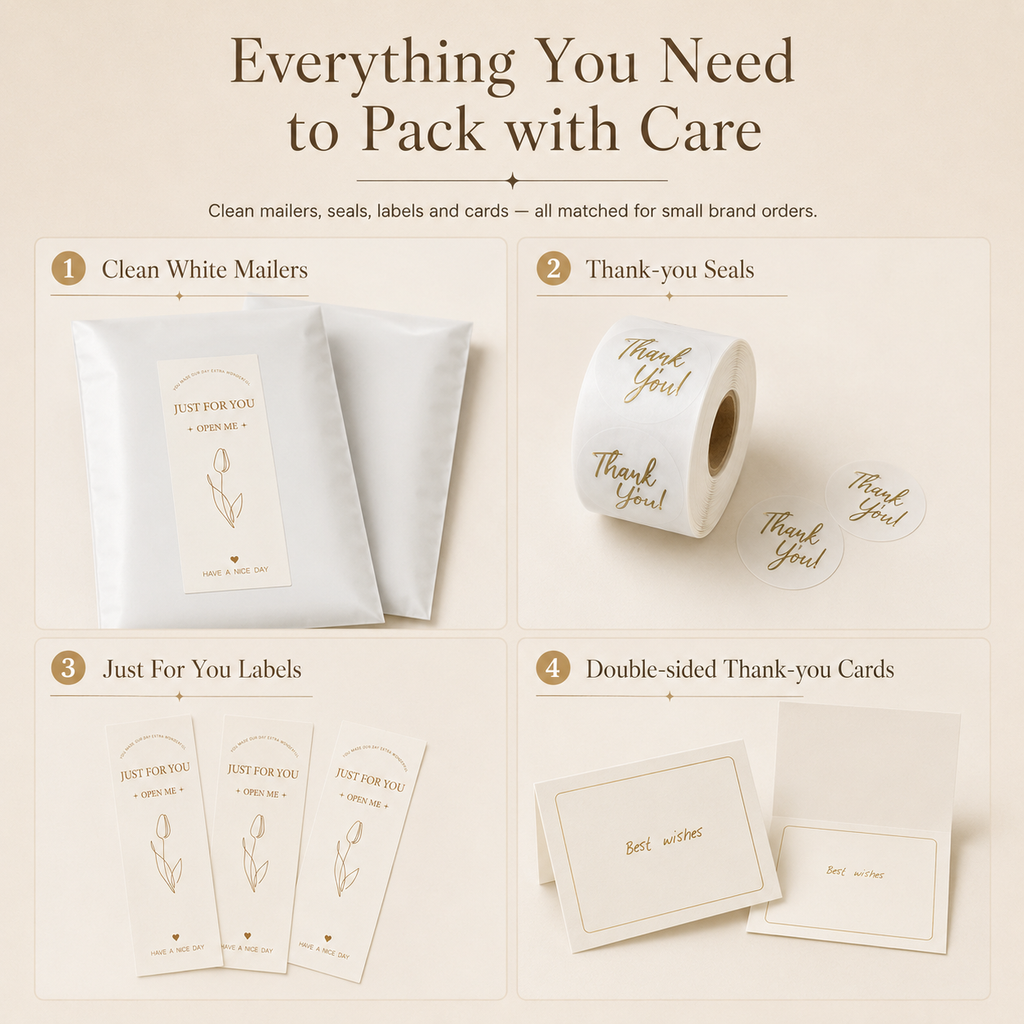Everything inside the Justpak Everyday Packing Kit including mailers, seals, labels and cards