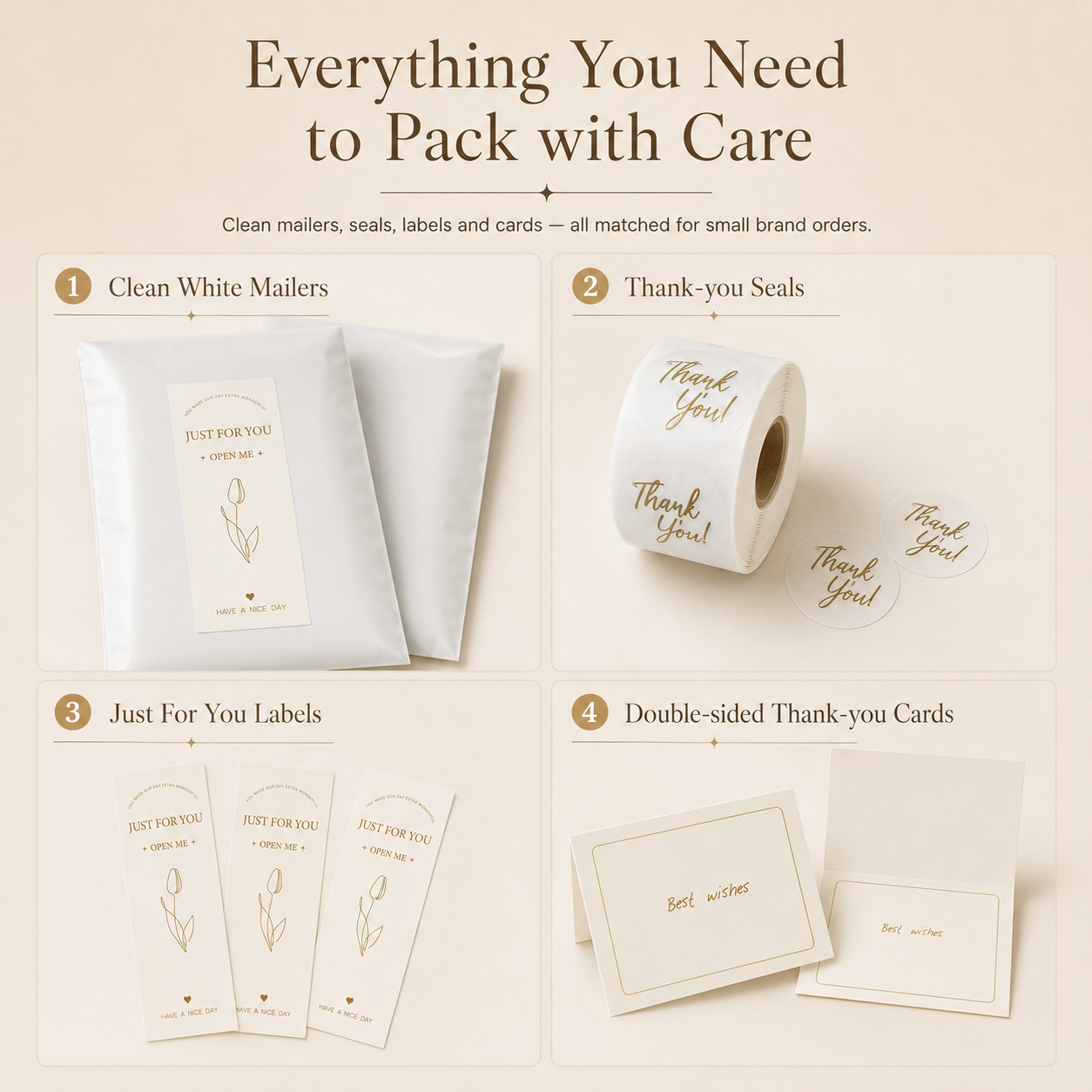 Everything inside the Justpak Everyday Packing Kit including mailers, seals, labels and cards