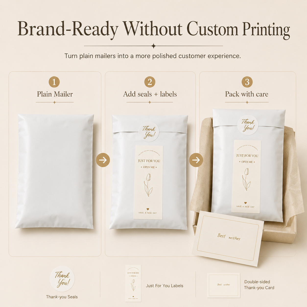 Brand-ready packaging steps from plain mailer to polished customer order