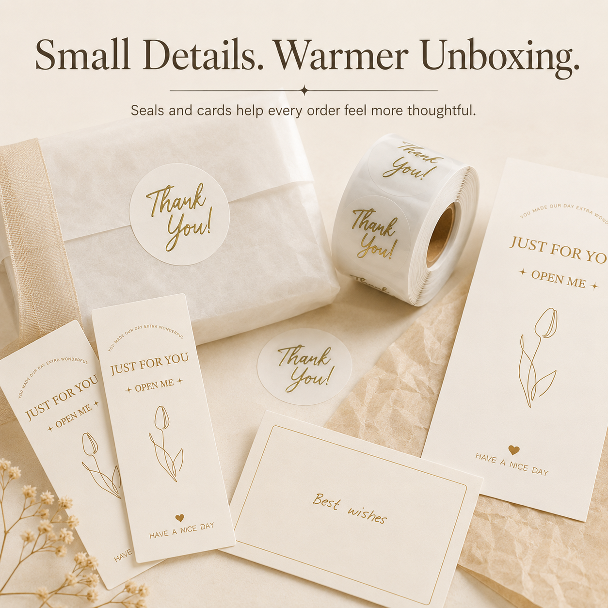 Gift-ready details with thank-you seals, Just For You labels and cards