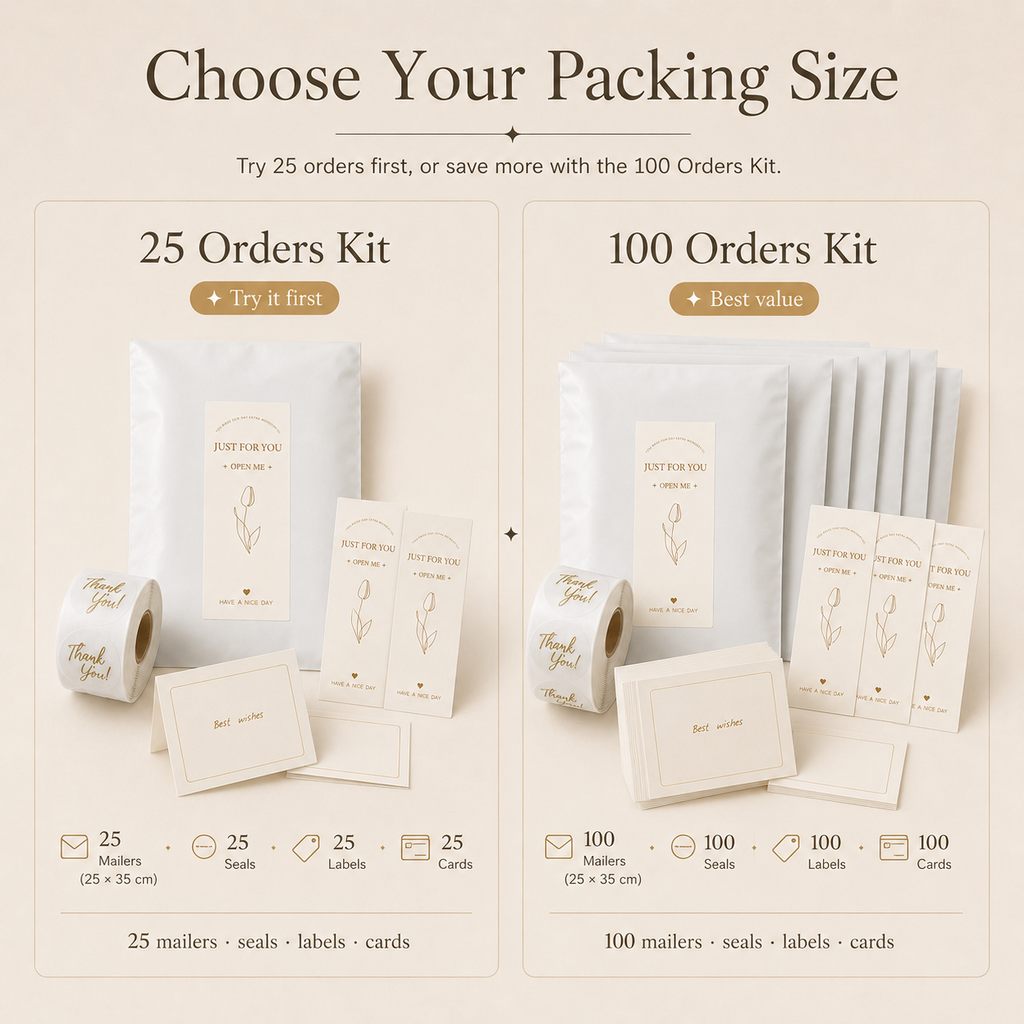 Choose your packing size with 25 Orders Kit and 100 Orders Kit options