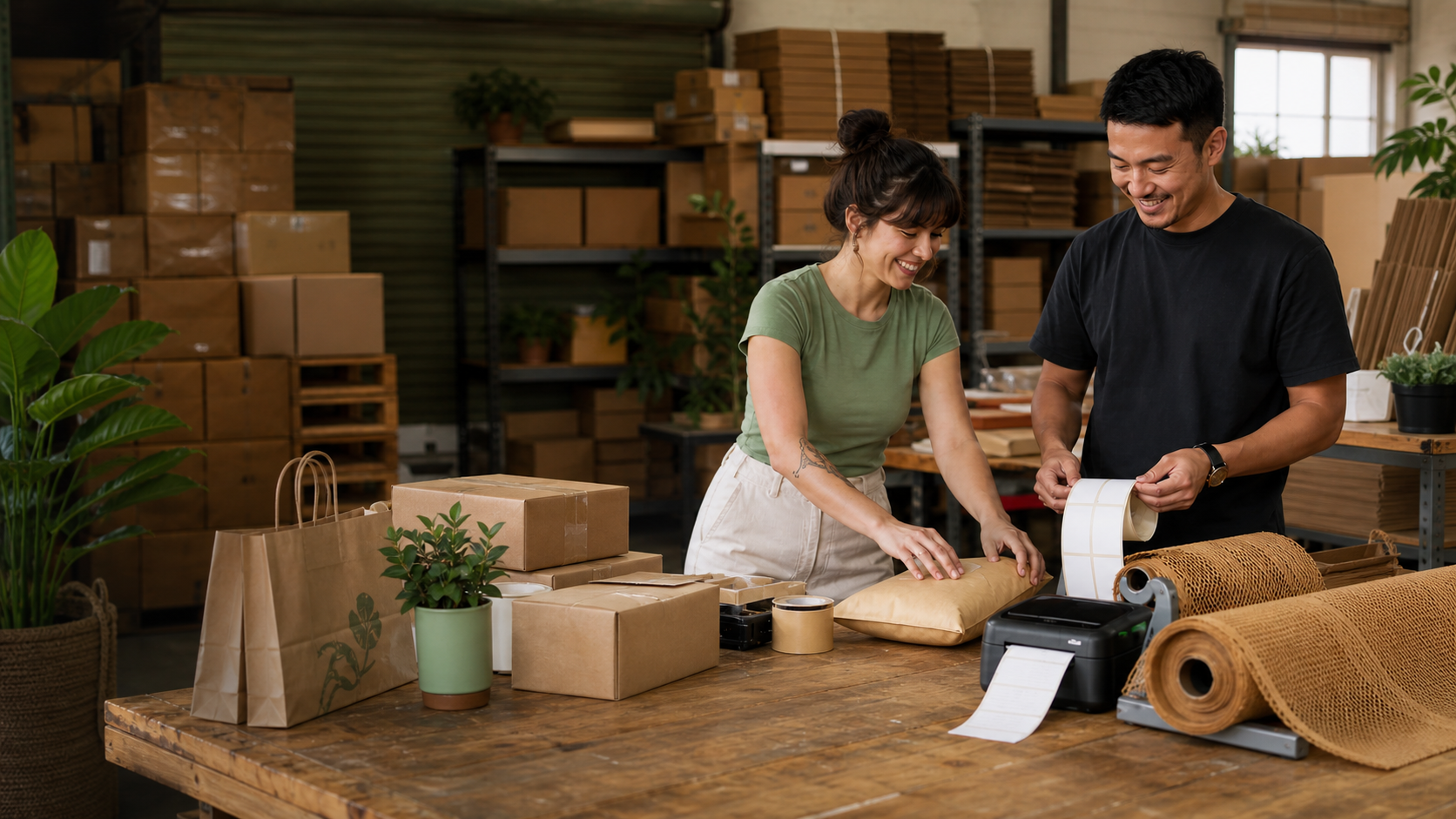 JustPak packaging studio table with boxes, mailers, and labels